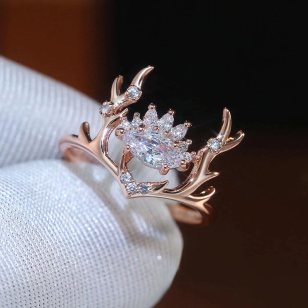 Luxurious Copper Elk Antler + Cubic Zirconia Ring
